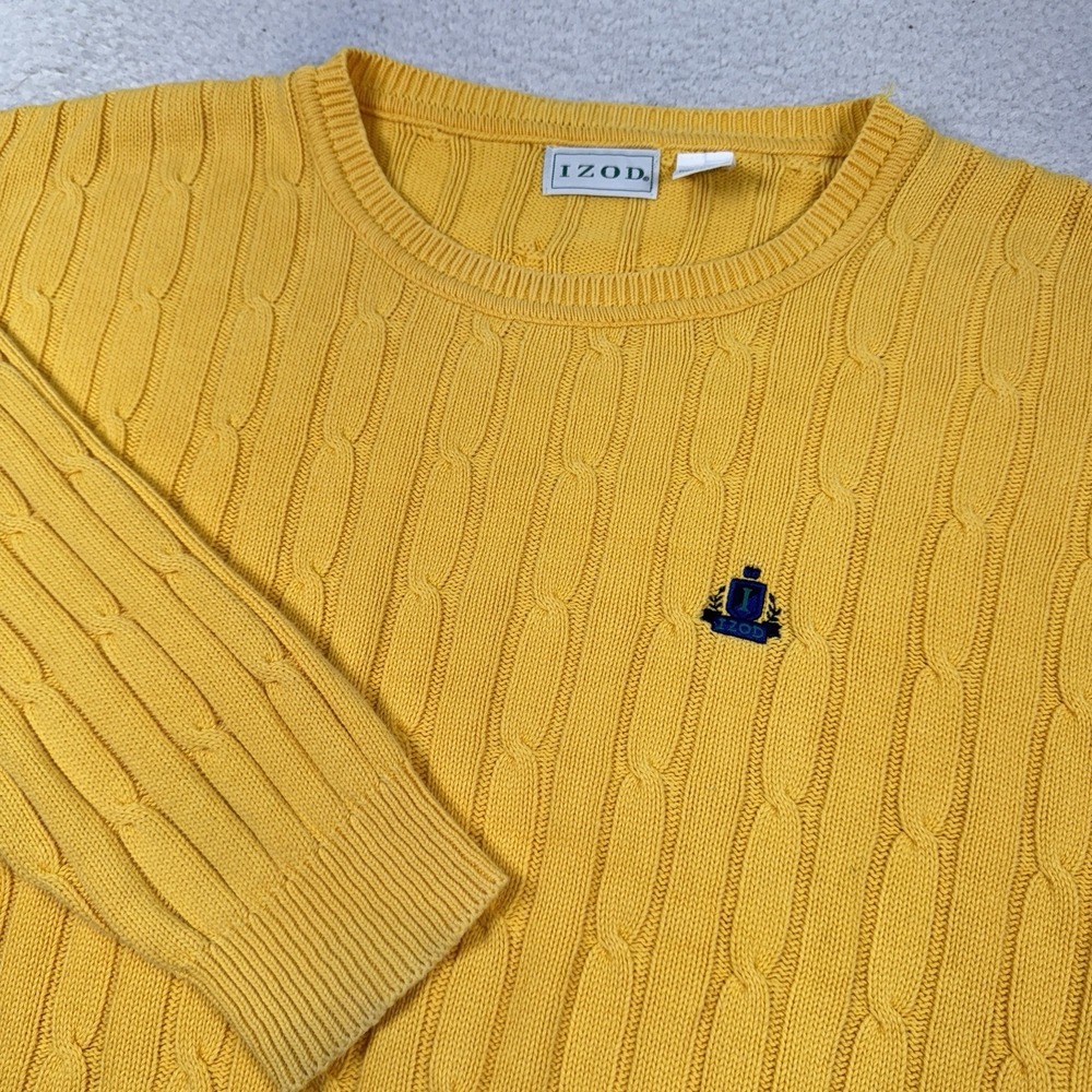VTG Izod Cable Knit Sweater Mens L Yellow Long Sleeve Crew Neck Made in USA